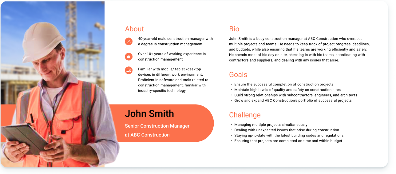 G-cert project persona about a construction manager named John Smith and his working experience